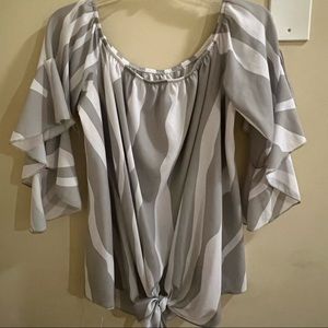 Gray and white blouse.